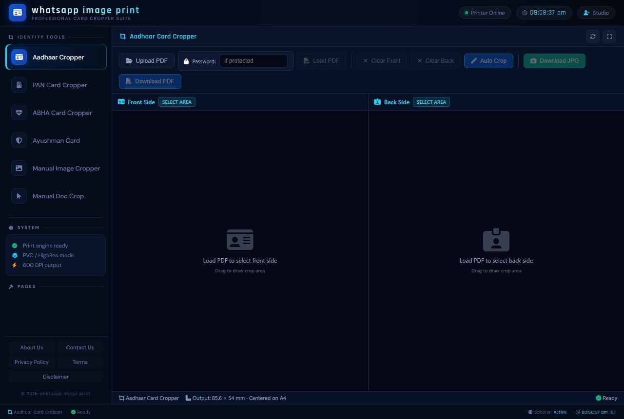 waimgprint.com Aadhaar Card Cropper Tool Initial Interface showing empty dashboard