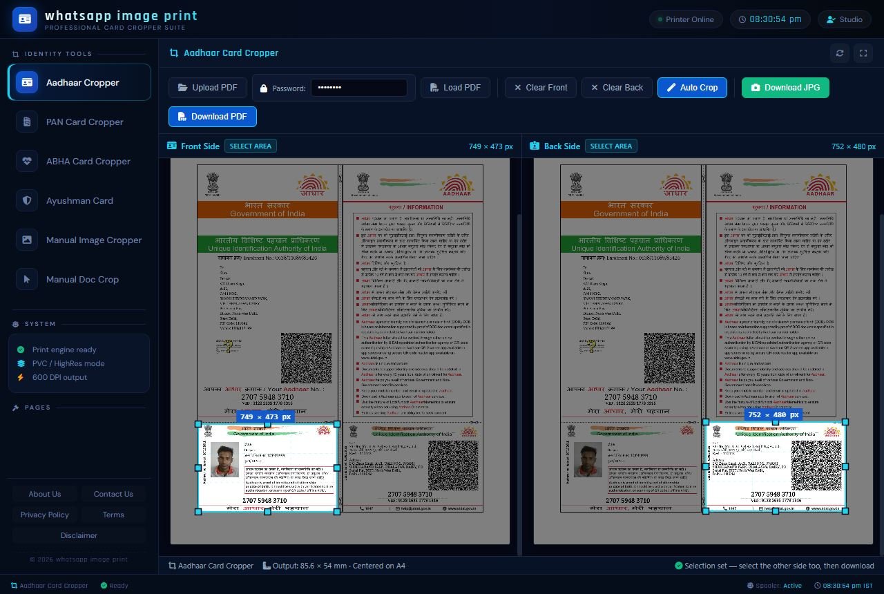 waimgprint.com Aadhaar Card Cropper Tool Interface showing PDF upload, auto crop options, and password feature