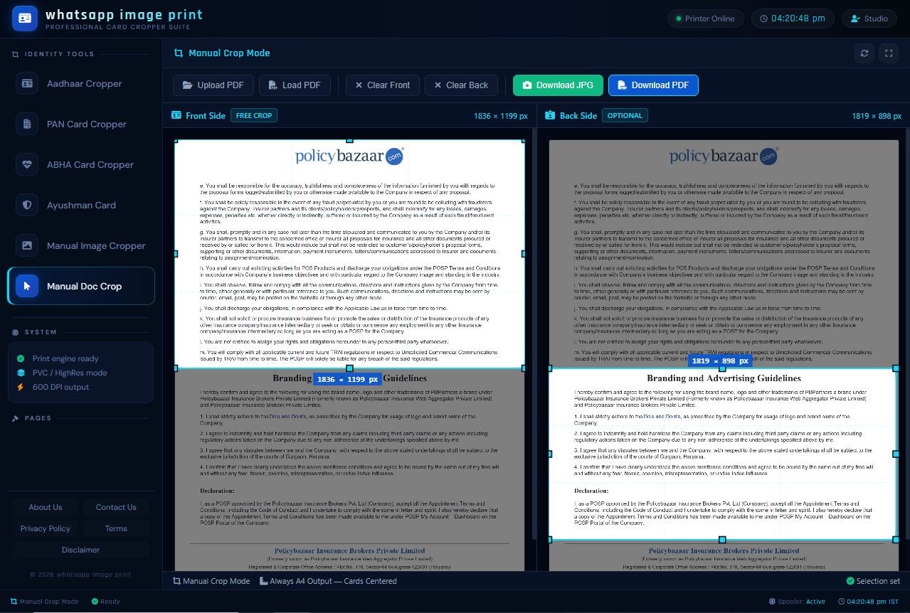 waimgprint.com Manual Doc Crop interactive interface with loaded heavy PolicyBazaar agreement document showcasing active blue free-hand crop box selection
