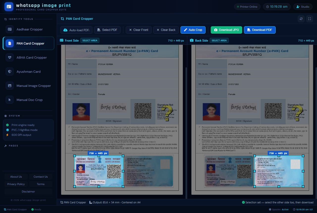 waimgprint.com PAN Card Cropper Tool showing loaded e-PAN PDF and Auto Crop functionality in action